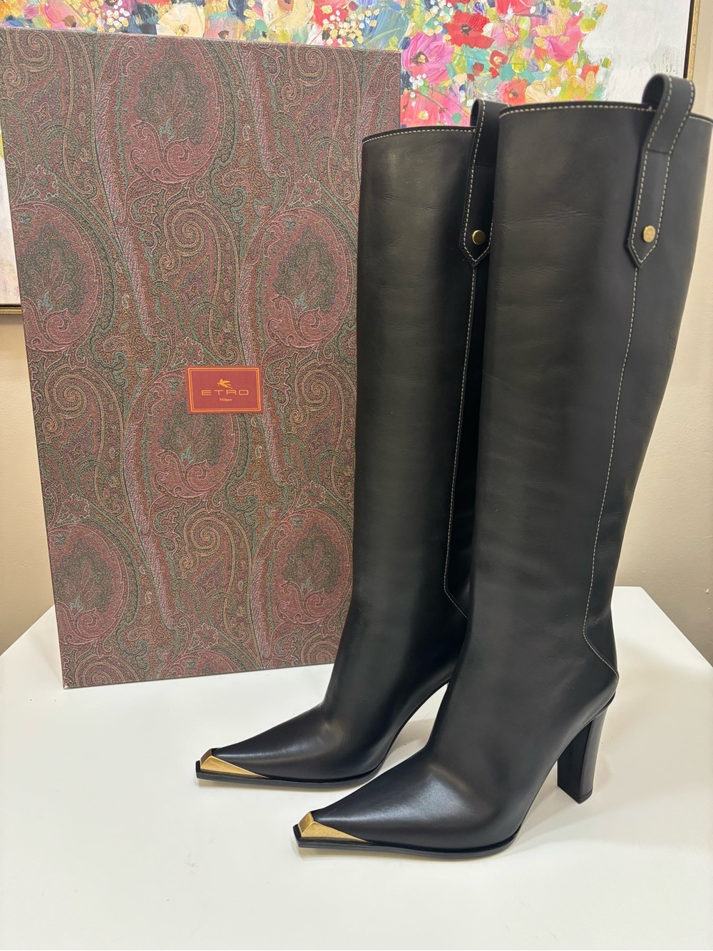 Etro Black Leather Knee High Boots Gold Metal Toe Cap Size 36 NWT